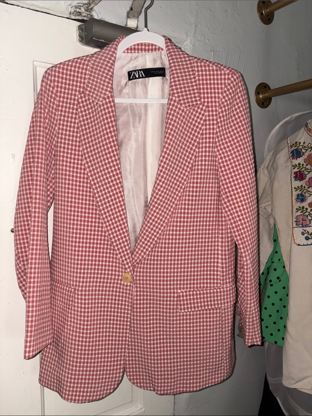 ZARA Pink Gingham Single-Button Blazer